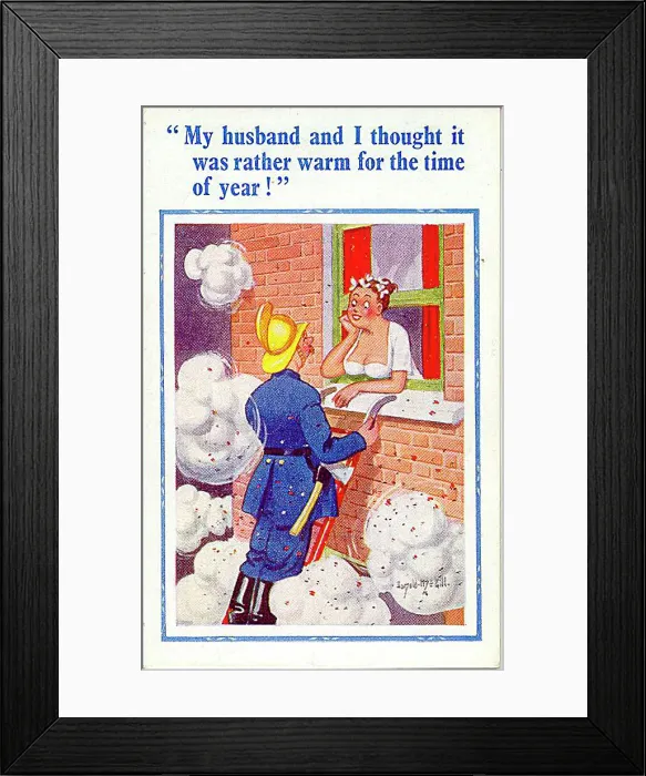 : Comic postcard, Woman chats to fireman at window Date: 20th century : Comic postcard, Woman chats to fireman at window Date: 20th century