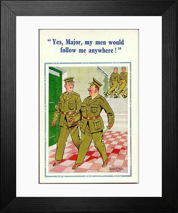 : Comic postcard, Army officer followed by his men Date: circa 1940s : Comic postcard, Army officer followed by his men Date: circa 1940s