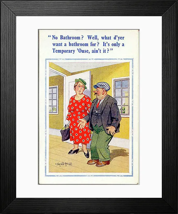 : Comic postcard, Woman viewing house - no bathroom Date: 20th century : Comic postcard, Woman viewing house - no bathroom Date: 20th century