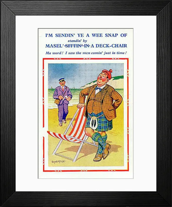 : Comic postcard, Scotsman stands by his deckchair to avoid paying for it Date: 20th century : Comic postcard, Scotsman stands by his deckchair to avoid paying for it Date: 20th century