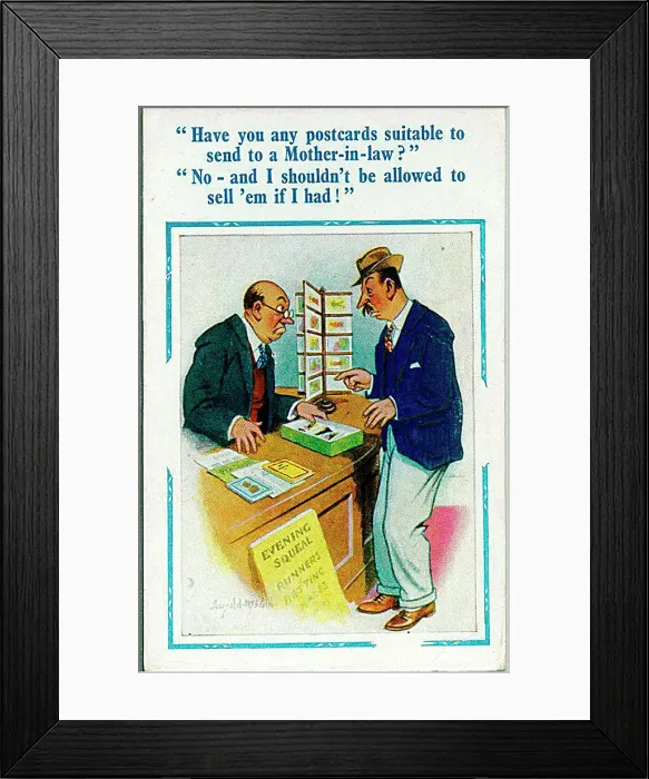 : Comic postcard, Man looking for postcards suitable for mother-in-law Date: 20th century : Comic postcard, Man looking for postcards suitable for mother-in-law Date: 20th century