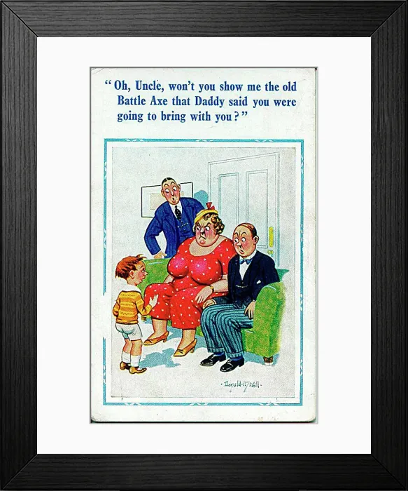 : Comic postcard, Little boy embarrasses family Date: 20th century : Comic postcard, Little boy embarrasses family Date: 20th century