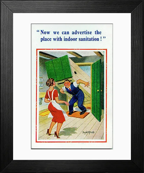 : Comic postcard, Man delivers indoor toilet Date: 20th century : Comic postcard, Man delivers indoor toilet Date: 20th century
