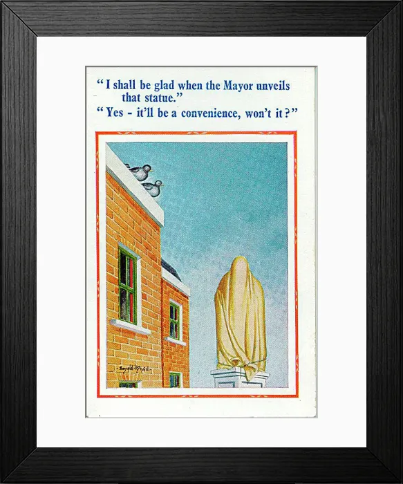 : Comic postcard, Two pigeons wait for statue unveiling Date: 20th century : Comic postcard, Two pigeons wait for statue unveiling Date: 20th century