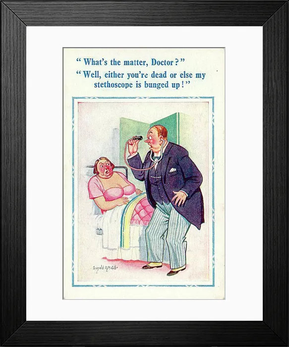 : Comic postcard, Woman and doctor in hospital : Comic postcard, Woman and doctor in hospital