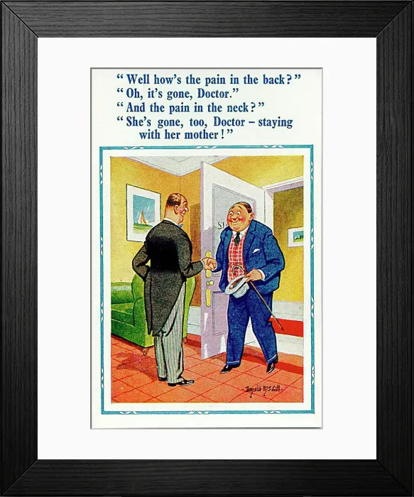 : Comic postcard, Doctor and patient - two types of pain Date: 20th century : Comic postcard, Doctor and patient - two types of pain Date: 20th century