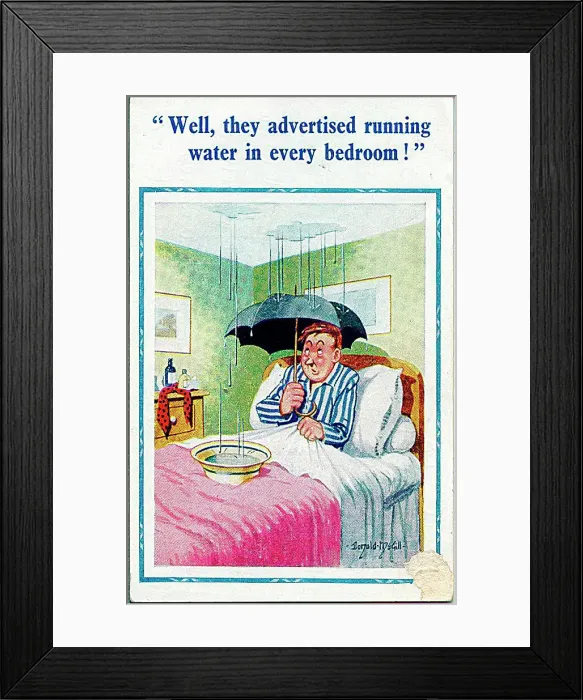 : Comic postcard, Man in room with running water Date: 20th century : Comic postcard, Man in room with running water Date: 20th century