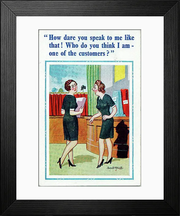 : Comic postcard, Two shop assistants Date: 20th century : Comic postcard, Two shop assistants Date: 20th century
