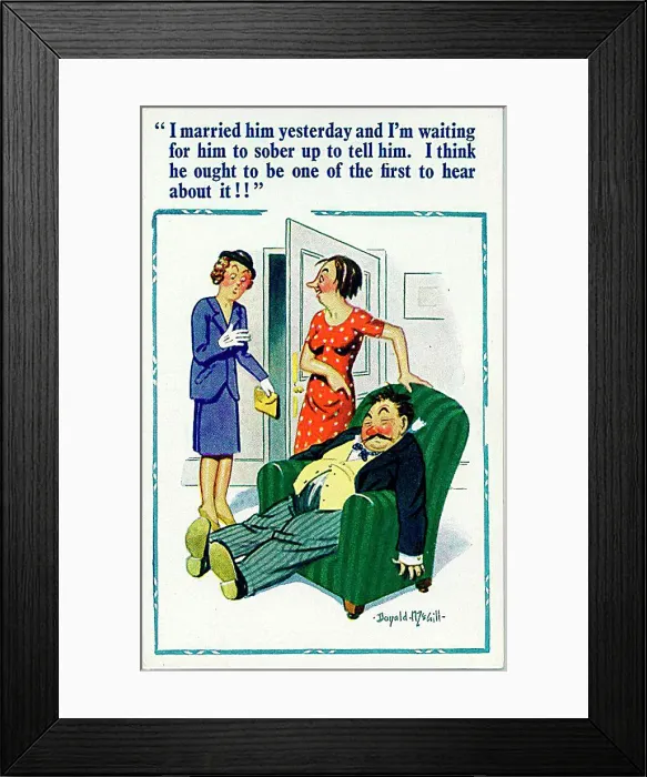  : Comic postcard, Couple at home after their wedding Date: 20th century