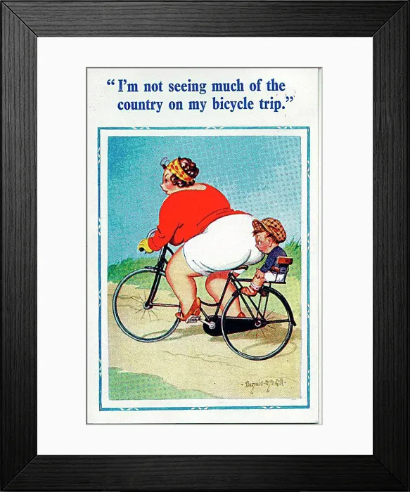 : Comic postcard, Large woman and little boy on bicycle trip Date: 20th century : Comic postcard, Large woman and little boy on bicycle trip Date: 20th century