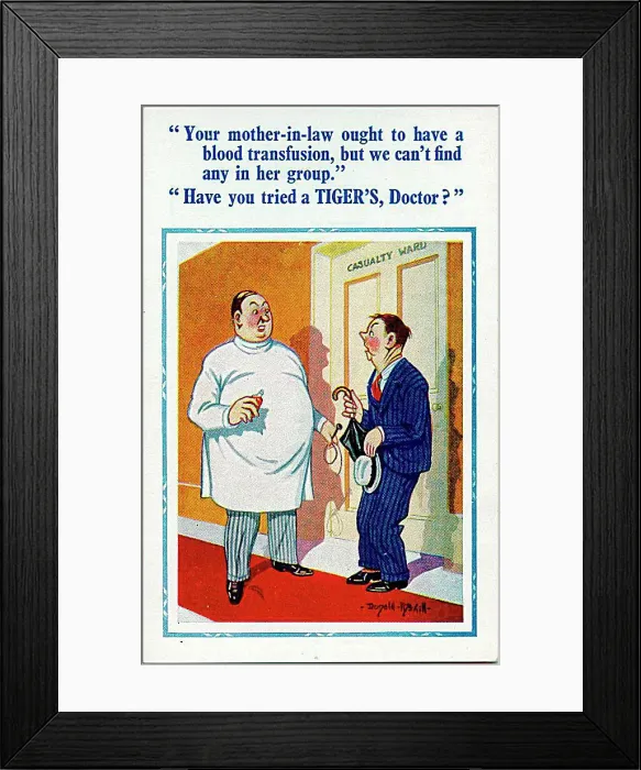 : Comic postcard, Conversation in hospital corridor - blood transfusion Date: 20th century : Comic postcard, Conversation in hospital corridor - blood transfusion Date: 20th century