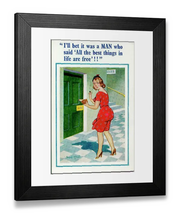 : Comic postcard, Young woman with a penny for the toilet Date: 20th century : Comic postcard, Young woman with a penny for the toilet Date: 20th century