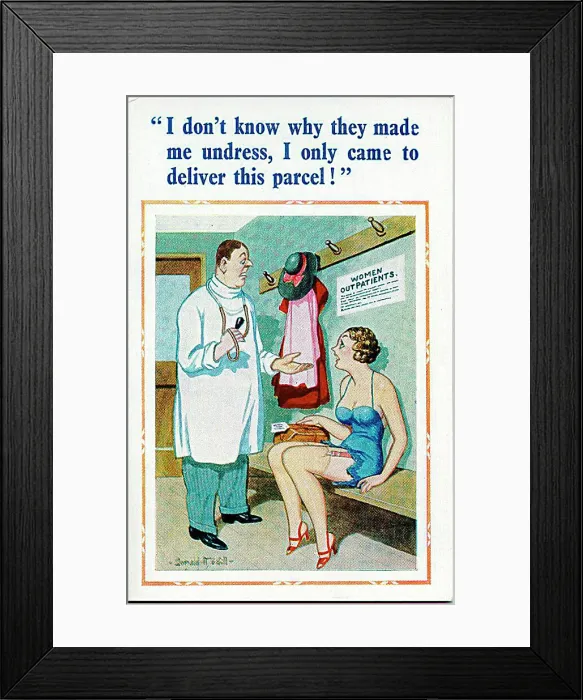 : Comic postcard, Conversation in hospital outpatients Date: 20th century : Comic postcard, Conversation in hospital outpatients Date: 20th century