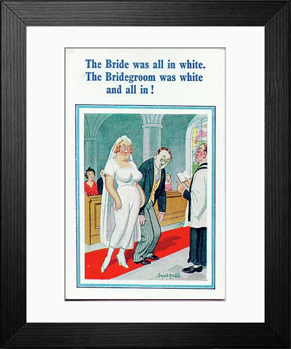 : Comic postcard, Bride and groom in church Date: 20th century : Comic postcard, Bride and groom in church Date: 20th century