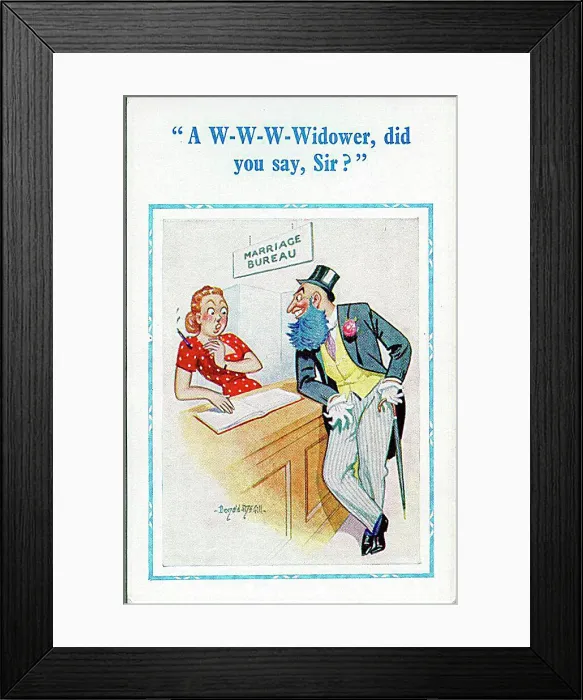: Comic postcard, Man with blue beard at marriage bureau Date: 20th century : Comic postcard, Man with blue beard at marriage bureau Date: 20th century