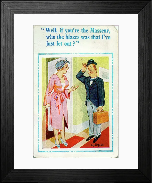 : Comic postcard, Woman with masseur Date: 20th century : Comic postcard, Woman with masseur Date: 20th century