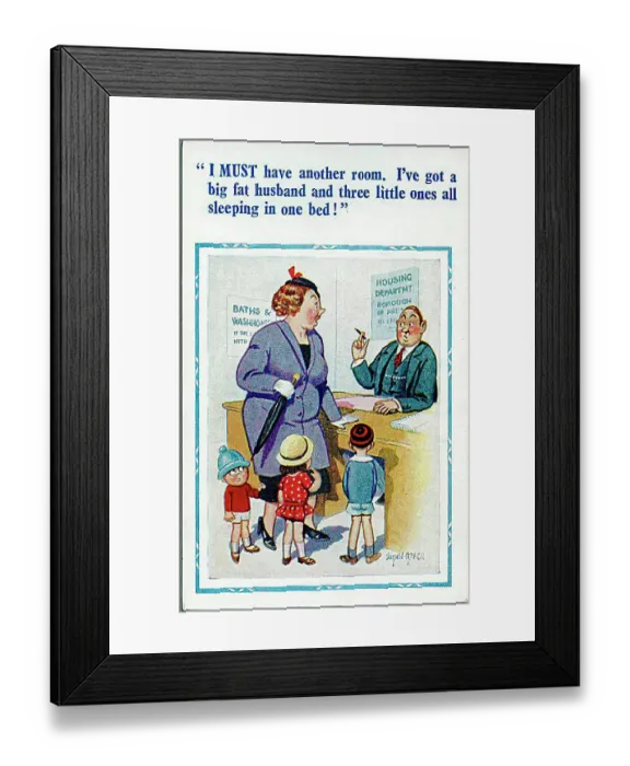 : Comic postcard, Woman, children and housing department Date: 20th century : Comic postcard, Woman, children and housing department Date: 20th century