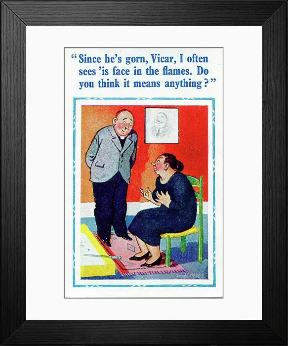 : Comic postcard, Woman chats with vicar Date: 20th century : Comic postcard, Woman chats with vicar Date: 20th century