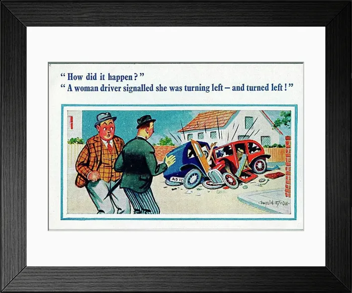 : Comic postcard, Two men discuss car crash Date: 20th century : Comic postcard, Two men discuss car crash Date: 20th century