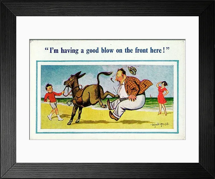 : Comic postcard, Man kicked by donkey on beach Date: 20th century : Comic postcard, Man kicked by donkey on beach Date: 20th century