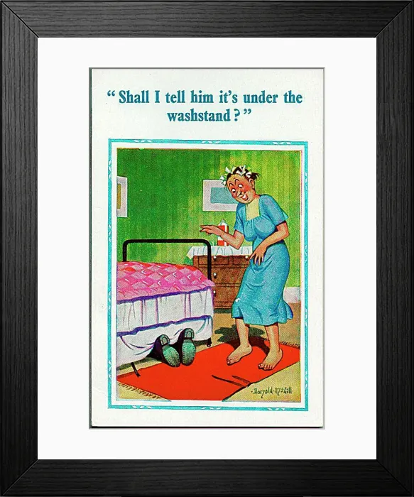 : Comic postcard, Man looks for something under bed Date: 20th century : Comic postcard, Man looks for something under bed Date: 20th century