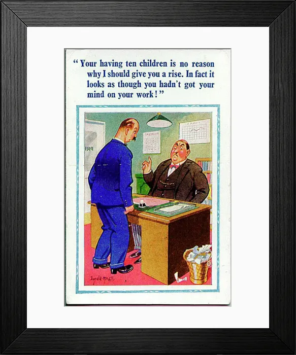 : Comic postcard, Man asking boss for pay rise Date: 20th century : Comic postcard, Man asking boss for pay rise Date: 20th century