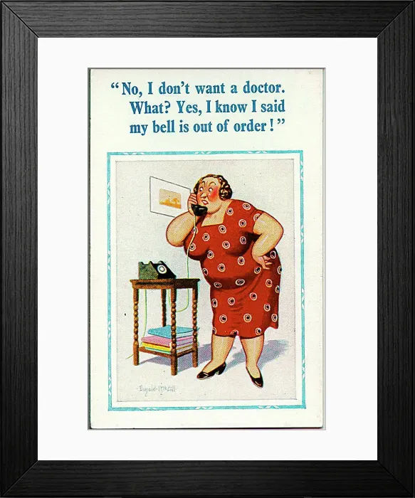: Comic postcard, Plump woman on the phone Date: 20th century : Comic postcard, Plump woman on the phone Date: 20th century