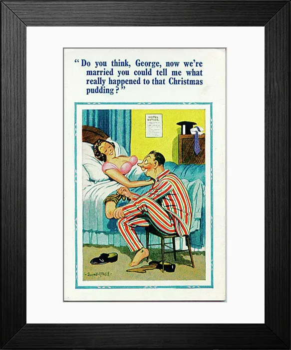 : Comic postcard, Newlywed couple in bedroom Date: 20th century : Comic postcard, Newlywed couple in bedroom Date: 20th century