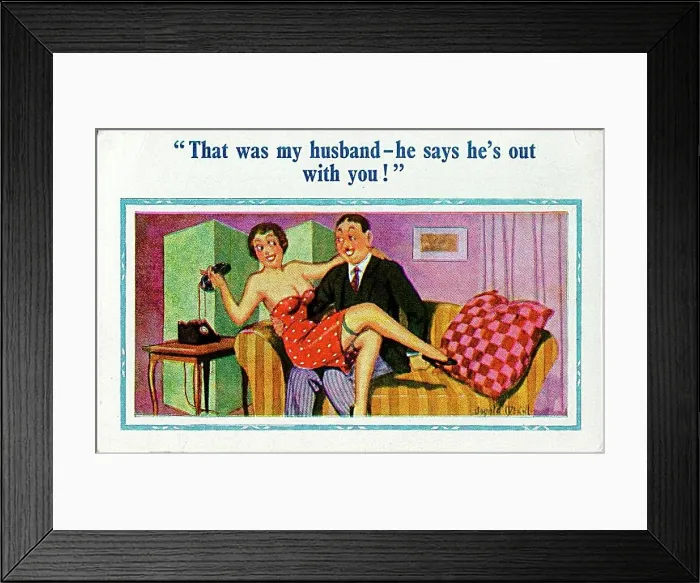 : Comic postcard, woman on man's lap Date: 20th century : Comic postcard, woman on man's lap Date: 20th century