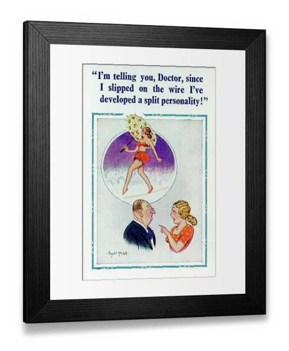 : Comic postcard, Pretty young woman and doctor - split personality Date: 20th century : Comic postcard, Pretty young woman and doctor - split personality Date: 20th century
