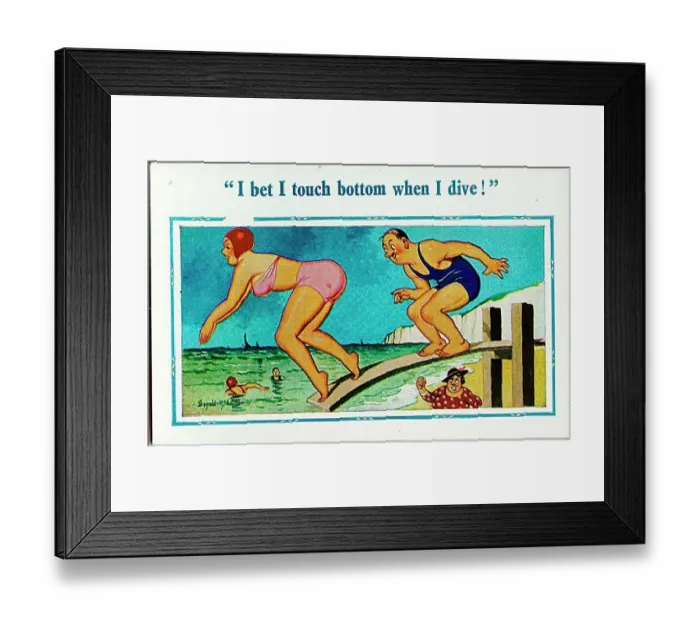 : Comic postcard, Woman and man diving into the sea, with the man's annoyed wife standing watching Date: 20th century : Comic postcard, Woman and man diving into the sea, with the man's annoyed wife standing watching Date: 20th century