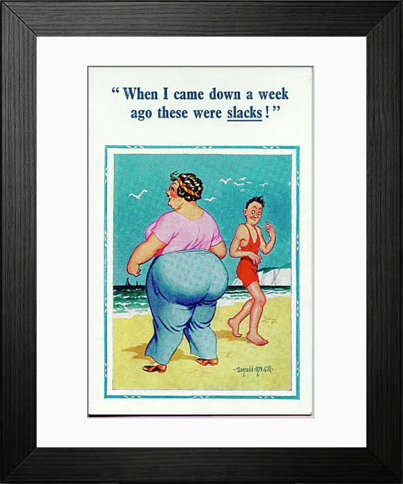 : Comic postcard, Large woman in slacks at the seaside Date: 20th century : Comic postcard, Large woman in slacks at the seaside Date: 20th century