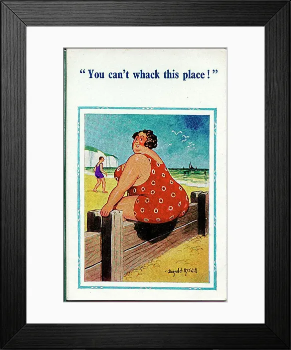 : Comic postcard, Large woman at the seaside, sitting on a breaker Date: 20th century : Comic postcard, Large woman at the seaside, sitting on a breaker Date: 20th century