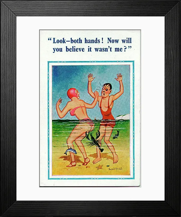 : Comic postcard, Couple in the sea with marine life Date: 20th century : Comic postcard, Couple in the sea with marine life Date: 20th century