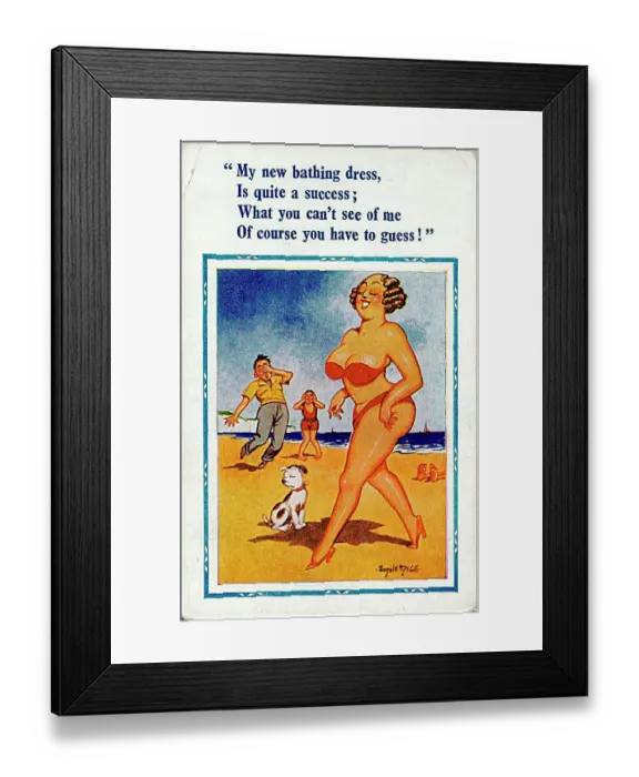 : Comic postcard, Woman in red bikini at the seaside Date: 20th century : Comic postcard, Woman in red bikini at the seaside Date: 20th century