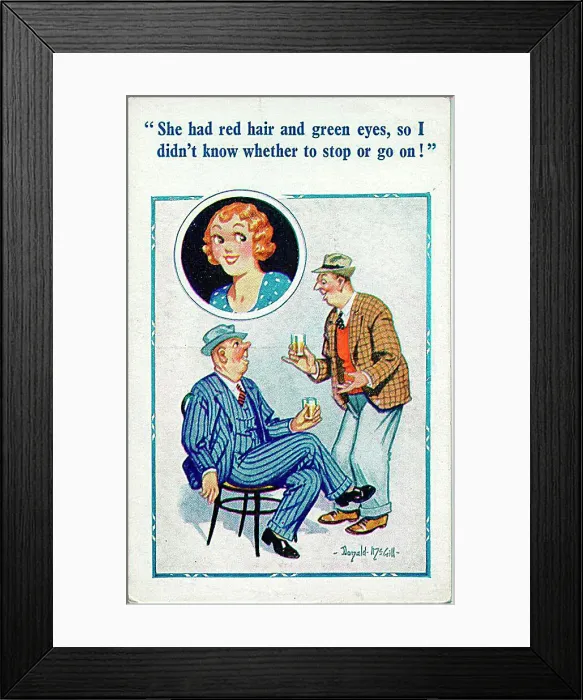 : Comic postcard, Two men chatting about a pretty young woman over a glass of beer Date: 20th century : Comic postcard, Two men chatting about a pretty young woman over a glass of beer Date: 20th century