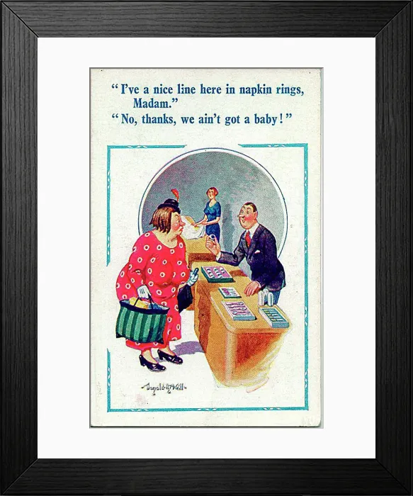 : Comic postcard, Woman customer and shop assistant - napkin rings Date: 20th century : Comic postcard, Woman customer and shop assistant - napkin rings Date: 20th century