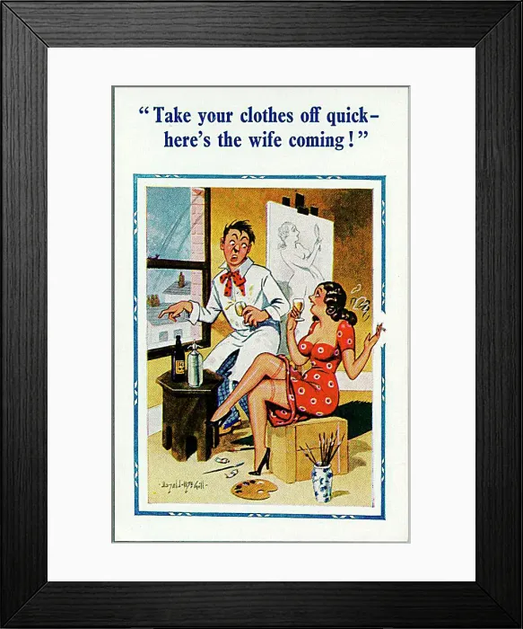 : Comic postcard, Artist with pretty young visitor Date: 20th century : Comic postcard, Artist with pretty young visitor Date: 20th century