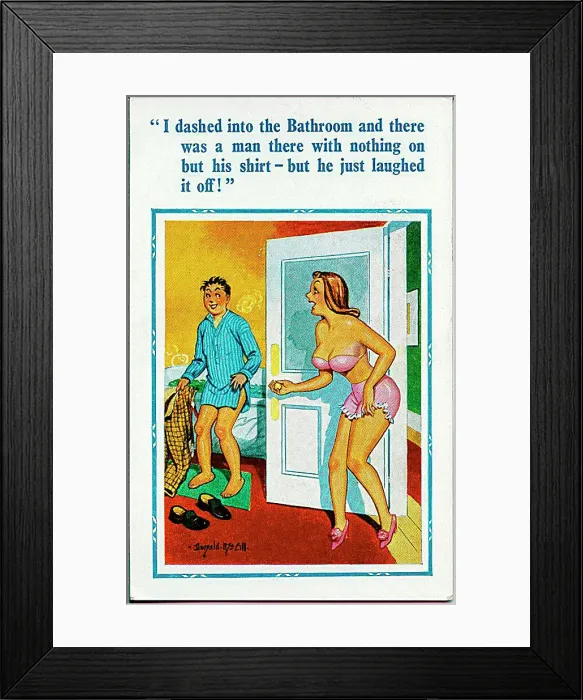 : Comic postcard, Man and woman in bathroom Date: 20th century : Comic postcard, Man and woman in bathroom Date: 20th century