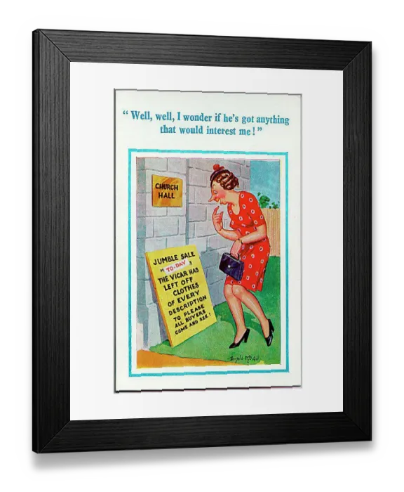 : Comic postcard, Woman reads notice for jumble sale Date: 20th century : Comic postcard, Woman reads notice for jumble sale Date: 20th century