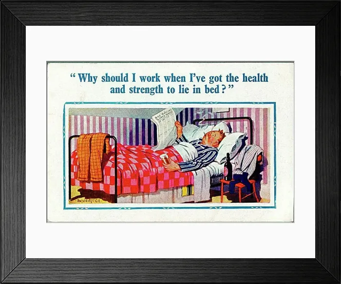 : Comic postcard, Man lying ill in bed Date: 20th century : Comic postcard, Man lying ill in bed Date: 20th century