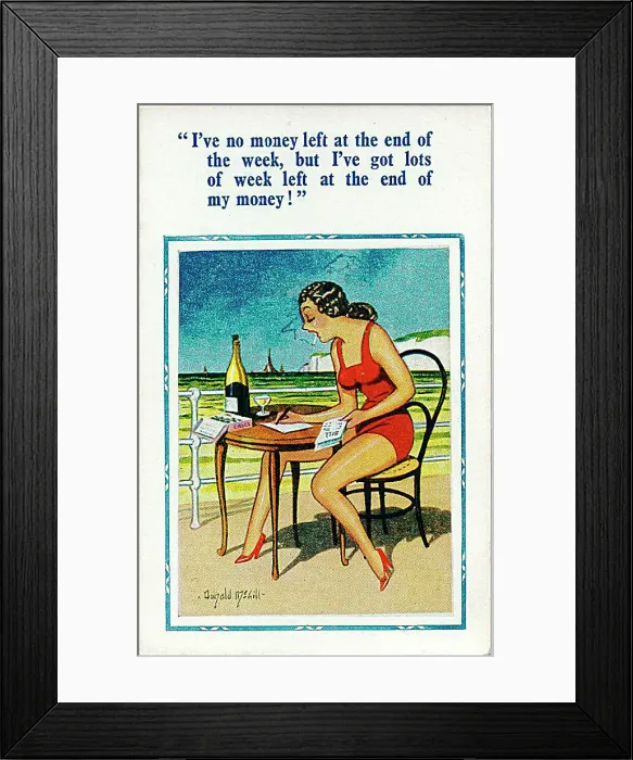 : Comic postcard, Woman runs out of money at the seaside Date: 20th century : Comic postcard, Woman runs out of money at the seaside Date: 20th century