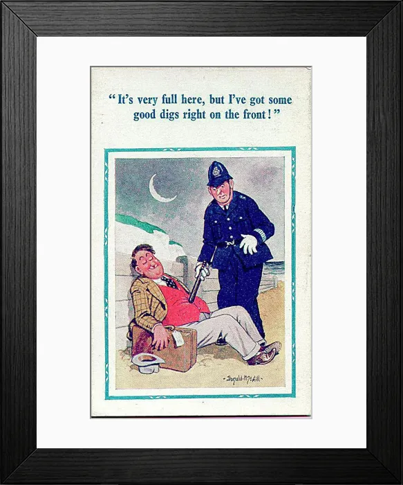 : Comic postcard, Man sleeping on the beach at night, discovered by policeman Date: 20th century : Comic postcard, Man sleeping on the beach at night, discovered by policeman Date: 20th century