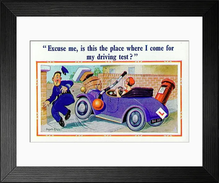 : Comic postcard, Woman driver and policeman Date: 20th century : Comic postcard, Woman driver and policeman Date: 20th century