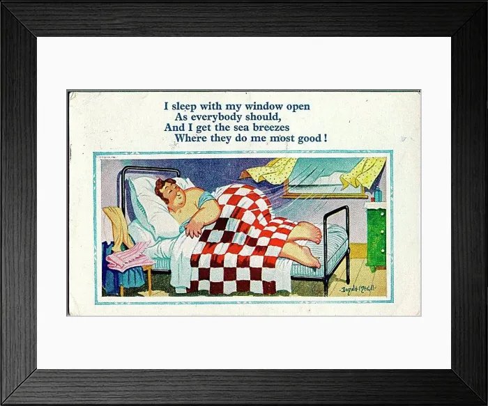 : Comic postcard, Woman in her seaside hotel bedroom Date: 20th century : Comic postcard, Woman in her seaside hotel bedroom Date: 20th century