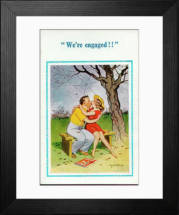 : Comic postcard, Couple kissing on a bench - engaged Date: 20th century : Comic postcard, Couple kissing on a bench - engaged Date: 20th century