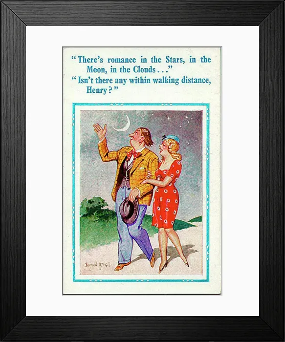 : Comic postcard, Couple out walking at night Date: 20th century : Comic postcard, Couple out walking at night Date: 20th century