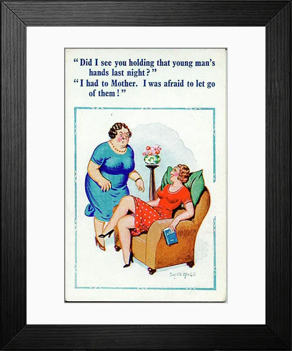 : Comic postcard, Mother questions daughter about a man Date: 20th century : Comic postcard, Mother questions daughter about a man Date: 20th century