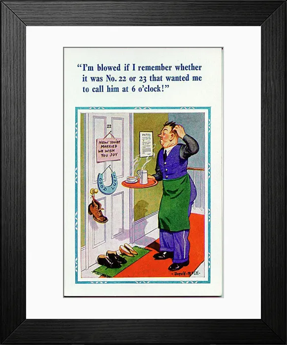 : Comic postcard, Waiter with tray in hotel corridor - early morning call Date: 20th century : Comic postcard, Waiter with tray in hotel corridor - early morning call Date: 20th century
