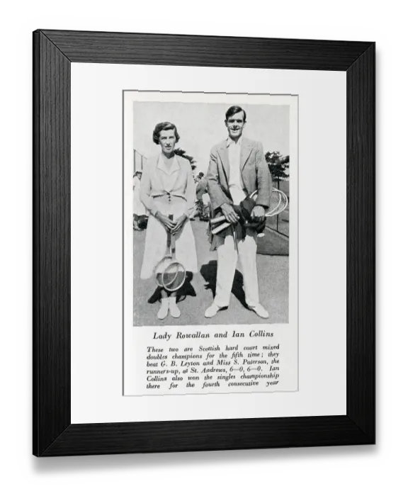 Framed Print : Lady Rowallan and Ian Collins - Scottish hard court mixed doubles Champions for the 5th time. Collins also won the singles competition for the 4th time. Date: 1935 Framed Print : Lady Rowallan and Ian Collins - Scottish hard court mixed doubles Champions for the 5th time. Collins also won the singles competition for the 4th time. Date: 1935
